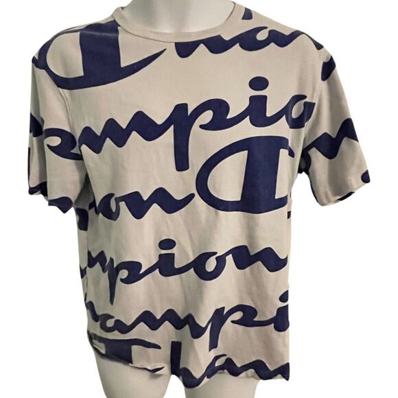 Medium Vintage Champion All Over Logo T-Shirt Short Sleeve Blue White Summer Poo - Picture 1 of 5